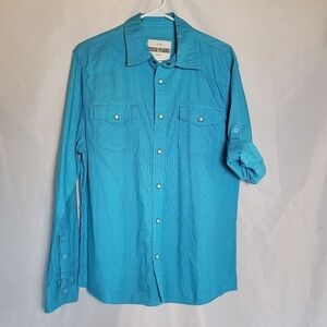 Ditch Plains Men's Blue Micro Dot Roll Tab Sleeve Pearl Snap Shirt Size Large